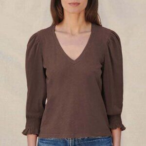 NWOT Sundry Princess Long Sleeve V Neck Ruched Cuffs Pima Cotton Tee Java Brown